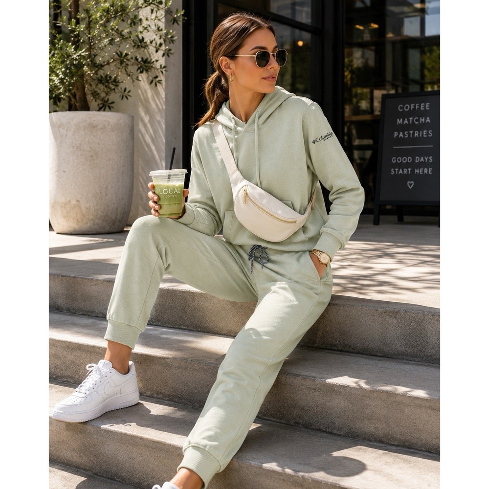 Columbia PFG Matching Hoodie Jogger Set S Sage Green Athleisure Airport Lounge